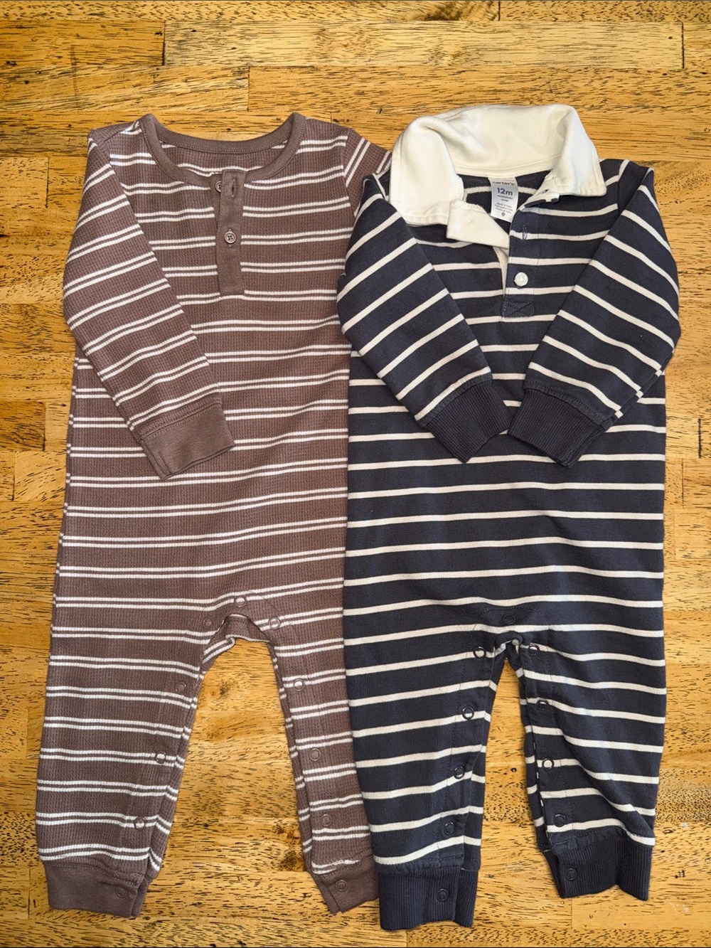 2 Carters Striped Long-Sleeve One-Piece Romper in Brown and Charcoal